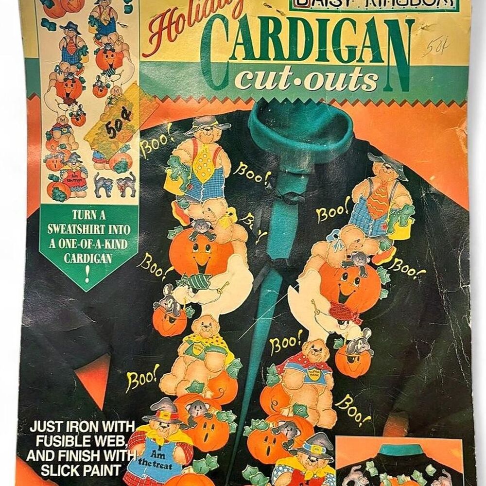 Vtg Daisy Kingdom Holiday Cardigan Cut-Outs Pumpkin Patch Bears Applique No-Sew